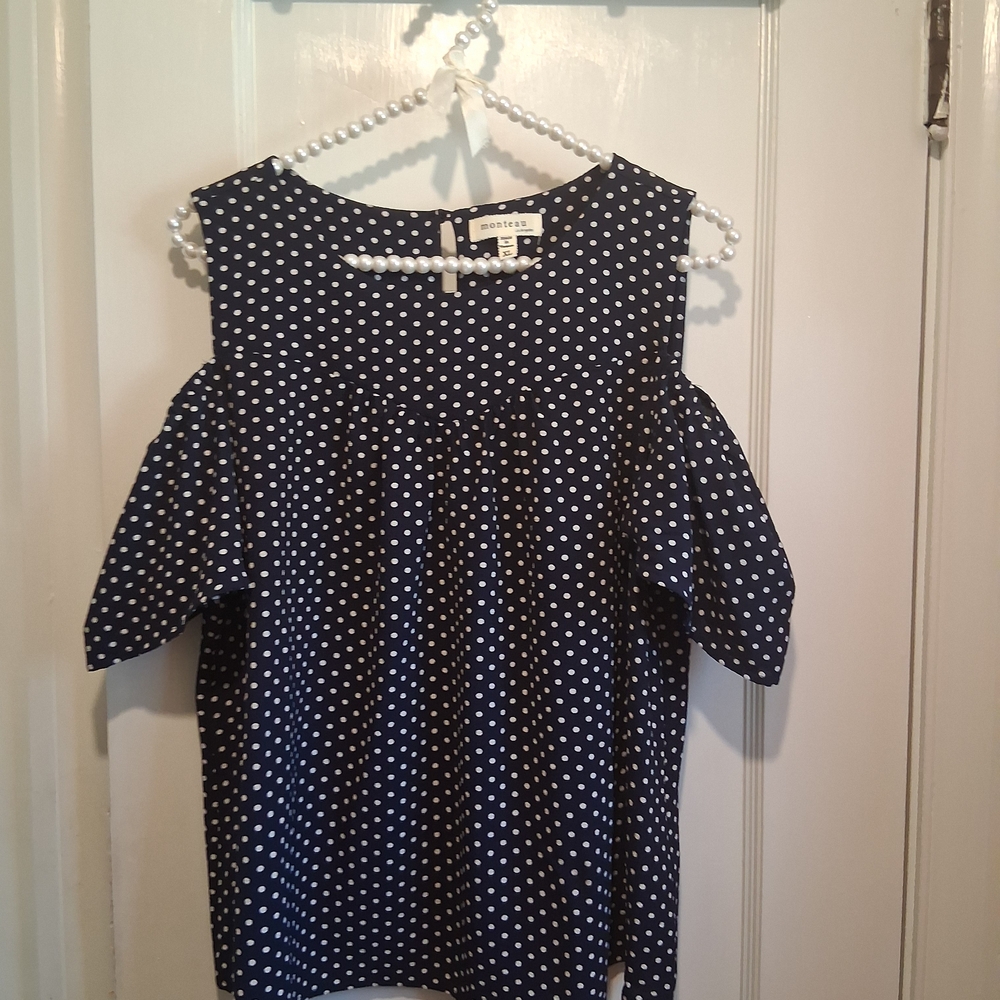 Monteau Navy and White Polka Dot Blouse